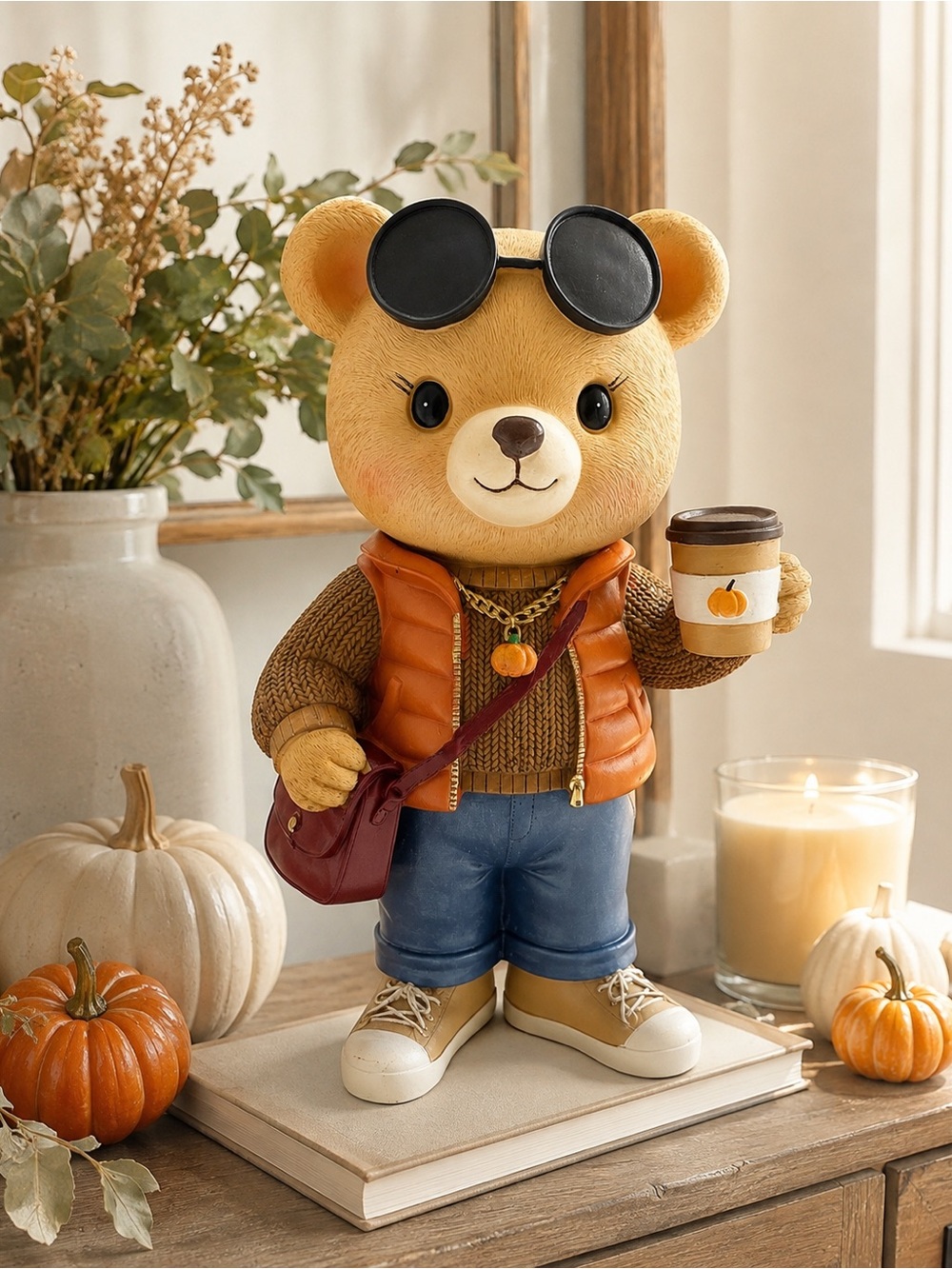 Fall Pumpkin Spice Teddy Bear Figurine Coffee Sunglasses Autumn Decor